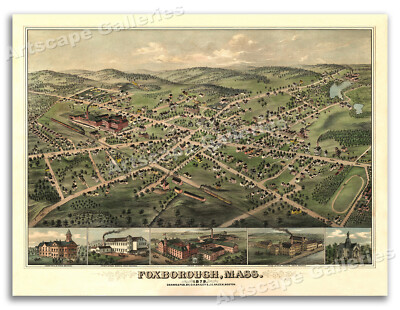 1879 Foxborough Massachusetts Vintage Old Panoramic City Map - 24x32