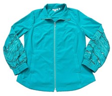 Chico's Teal Zip Front Jacket Lace Sleeve Stretch Pockets Womens Size 0 Small