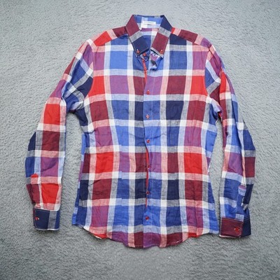 Nara Camicie Shirt Womens L Red Blue Plaid Made in Italy Button Down Long Sleeve