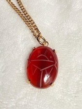 Vintage Swank Signed Carnelian Scarab Pendant Necklace Egyptian Revival 1970s