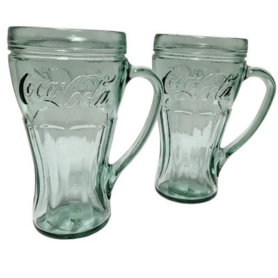 Vintage Coca-Cola Georgia Green Glass Mugs Set of 2 Embossed Logo Fluted 6 Inch