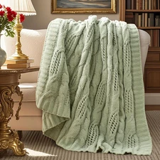 Chunky Knit Throw Blanket, Dual-Sided Soft Chenille Breathable Cable Knitted Bla