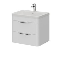 Oslo Gloss White 600mm Wall Mounted 2 Drawer Vanity Unit and Ceramic Basin with 