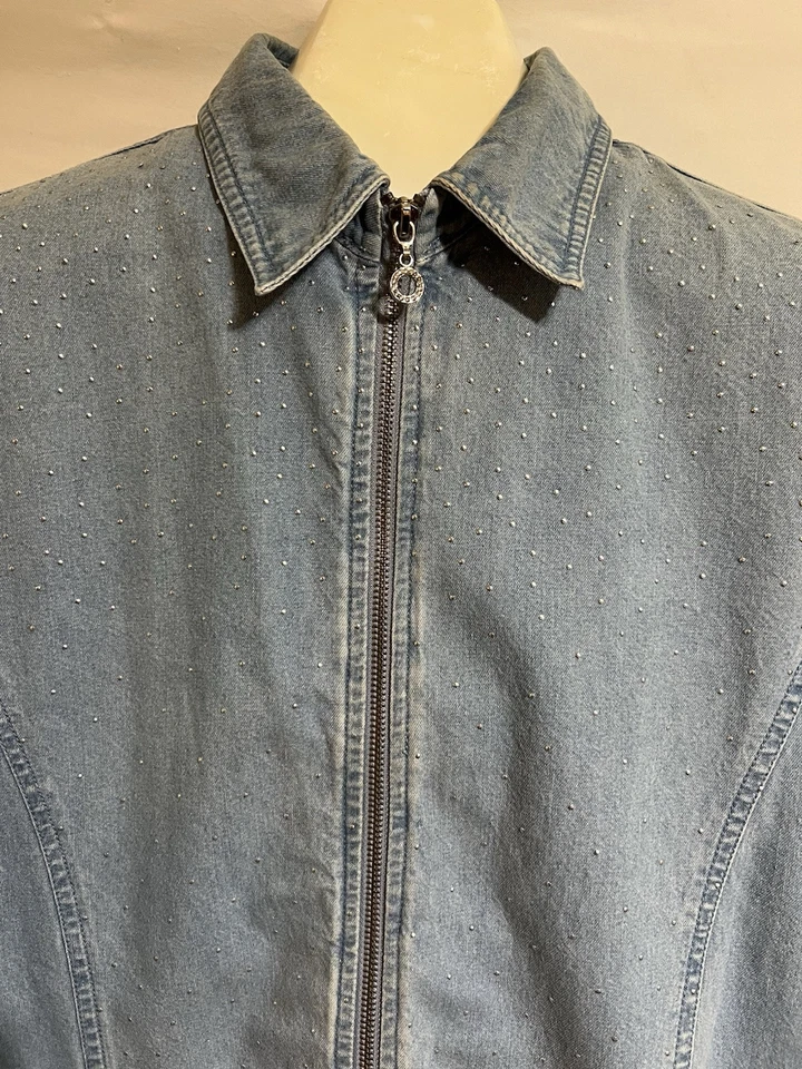 Blue Denim silver metallic Studs Zip Jean Jacket Rocker Western Boho Vintage Q - Image 2 of 4