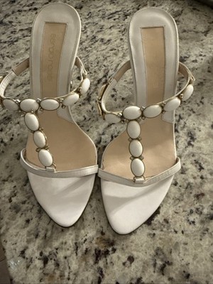 Sergio Rossi White Leather Strappy Beaded Stiletto Sandals Women's Size 7.5