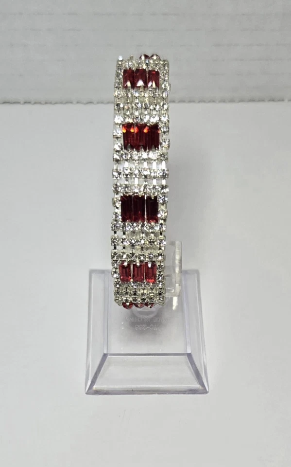 Women's Classic Baguette-Cut Red & Clear Rhinestones Mesh Fashion Bracelet - Image 2 of 4