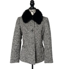 Bloomingdales NOW Herringbone Tweed Jacket Black Fur Collar Size M - See Desc.