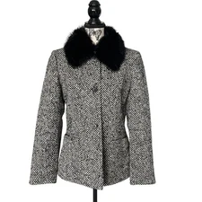 Bloomingdales NOW Herringbone Tweed Jacket Black Fur Collar Size M - See Desc.