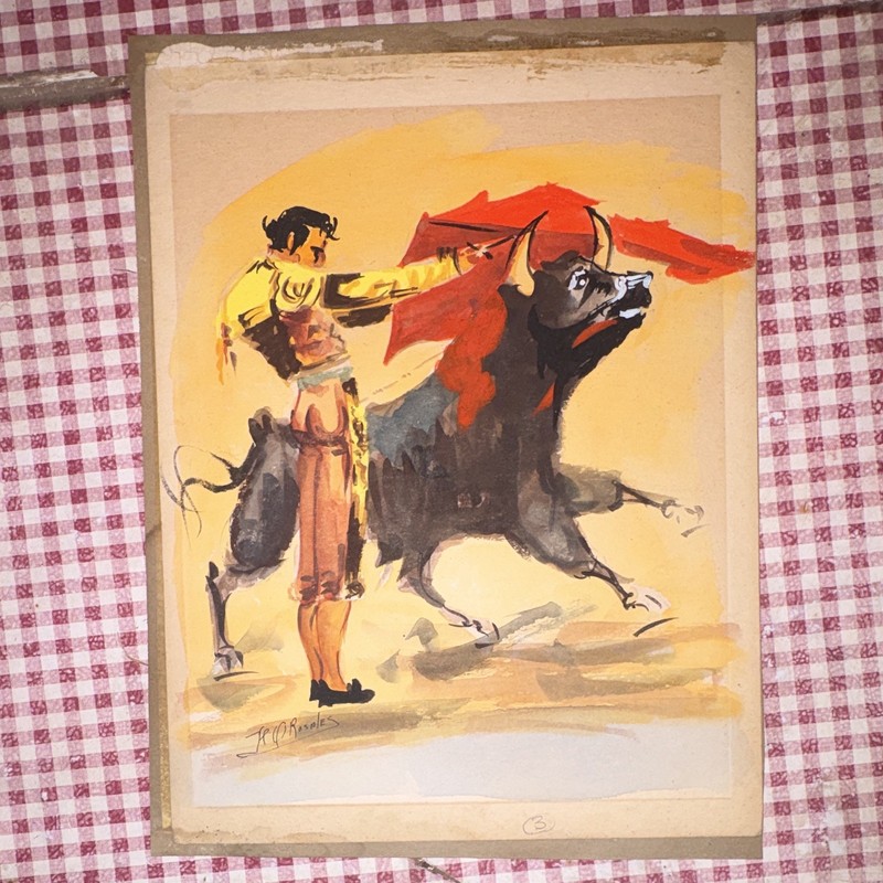 Matador & Bull Figurative Painting on Paper Unframed Single Piece Art HO Rosales