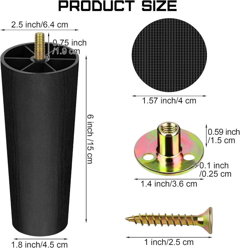 16 Pack 6 Inch Plastic Furniture Legs Set - Black - Image 4 of 4