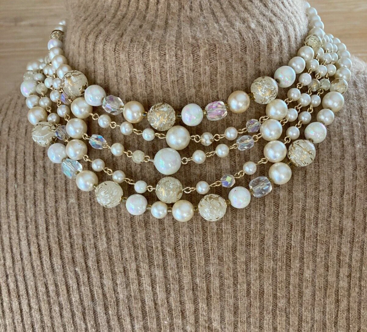 VTG Multi Strand Faux Pearl Necklace Gold Tone Metal Links Choker