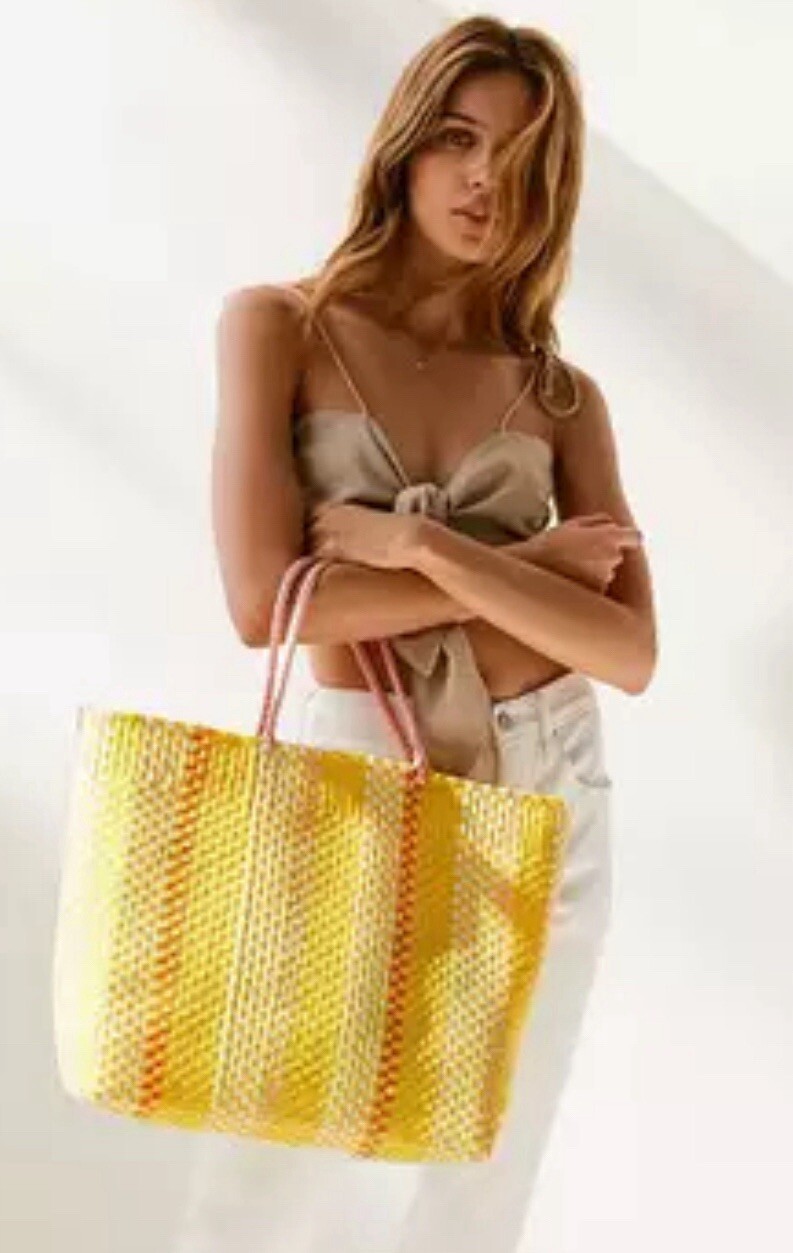 Urban Outfitters UO Sunny Bag Yellow Stripe Woven Tote Summer Vacay NWT
