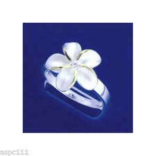SILVER 925 HAWAIIAN PLUMERIA FLOWER RING 15MM CZ 2 TONE SZ 4- 10