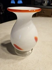 Murano Style Art Glass Orange Rimmed & Spotted/White Milk Glass 6" Vase