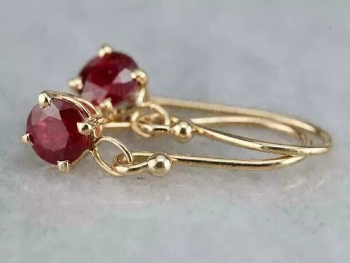 2Ct Round Lab Created Ruby Solitaire Drop Dangle Earrings 14k Yellow Gold Plated - Picture 6 of 6