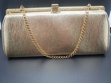Vintage Evening Clutch Polished Gold Faux Leather 10 inches with chain handle