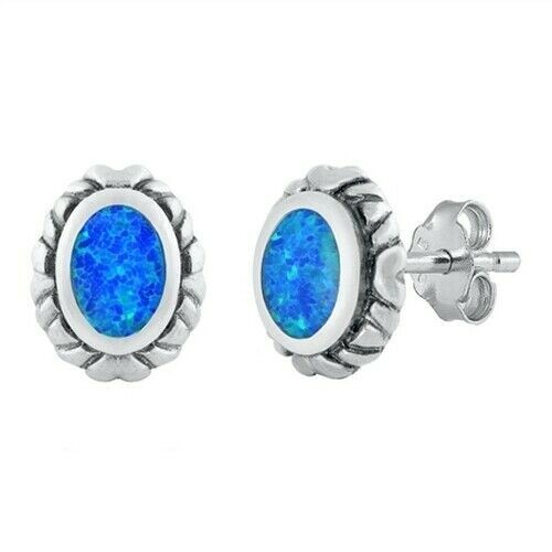 Stud Earrings Genuine Sterling Silver 925 Blue Lab Opal Product Height 10 mm-image