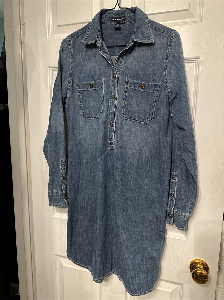 american living denim dress American Living Womens Small Dress Blue Button Chambray Denim Collar Long  Slv