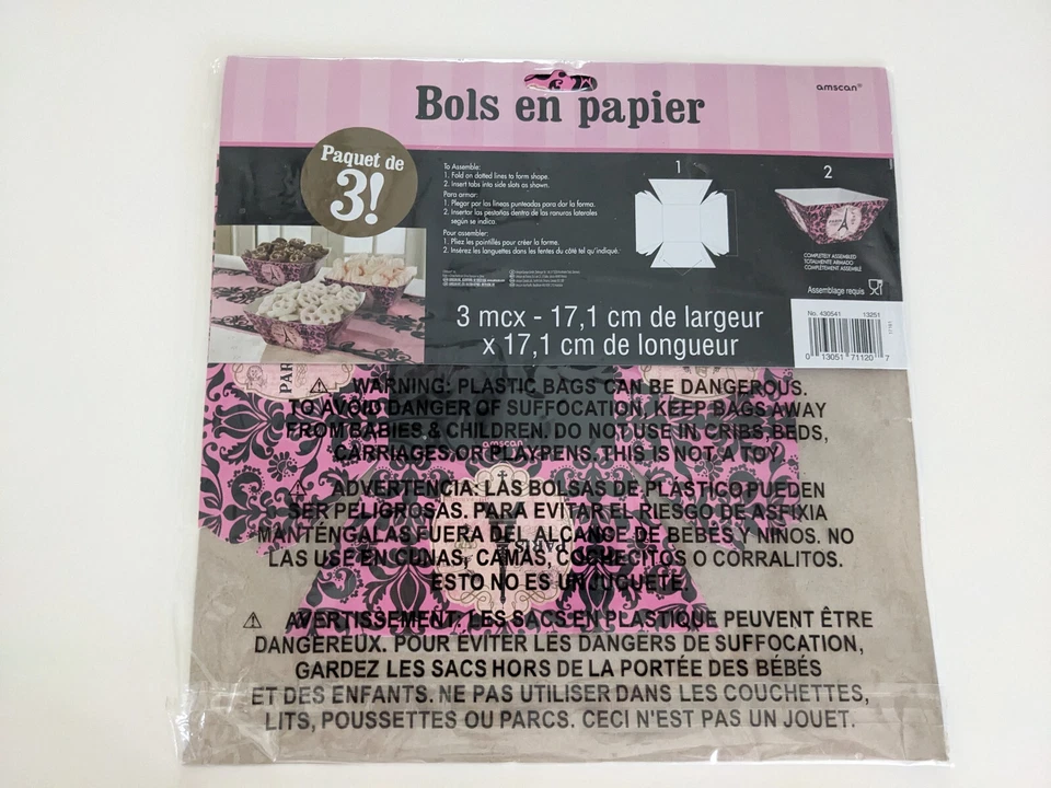 amscan PAPER BOWLS PARIS EIFFEL TOWER Theme Pink Black Graphics 3 Pieces NEW - Image 4 of 4