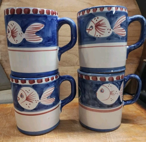 Solimene Vietri Italy Campagna Pesce Blue Green Fish Mug Coffee Cup Set Of 4