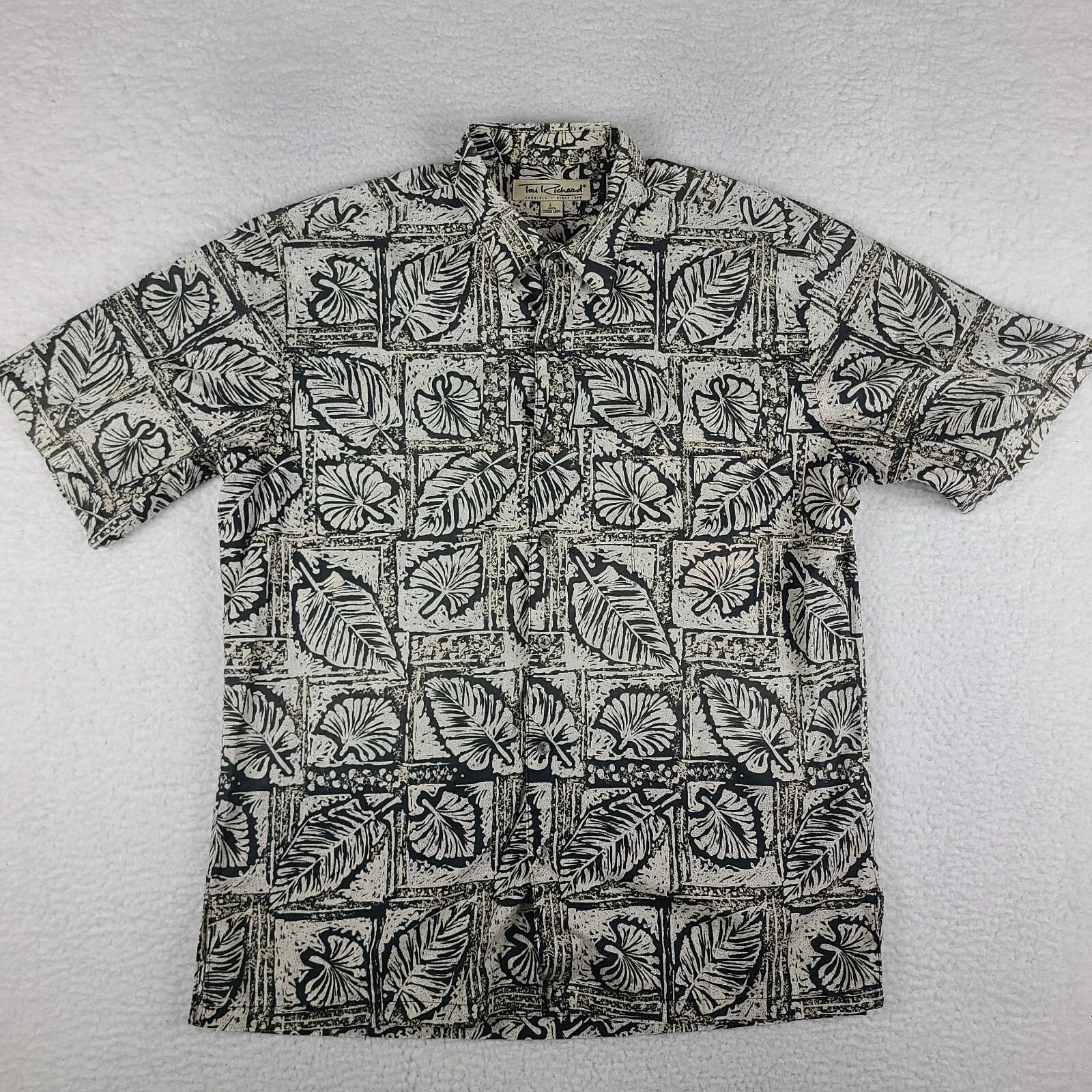 Tori Richard Shirt Mens Large Black Beige Floral Aztec Hawaiian Button Up EC