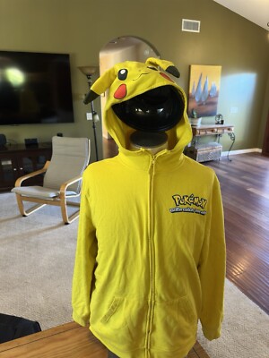 Pokémon Pikachu Hoodie Yellow Pullover Sweater with Face Ears Size XL