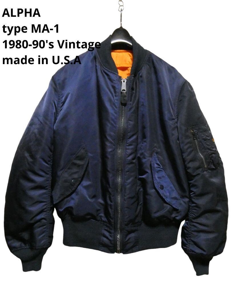 Vintage US-Made ALPHA MA-1 Flight Jacket for Men, Size L, Navy