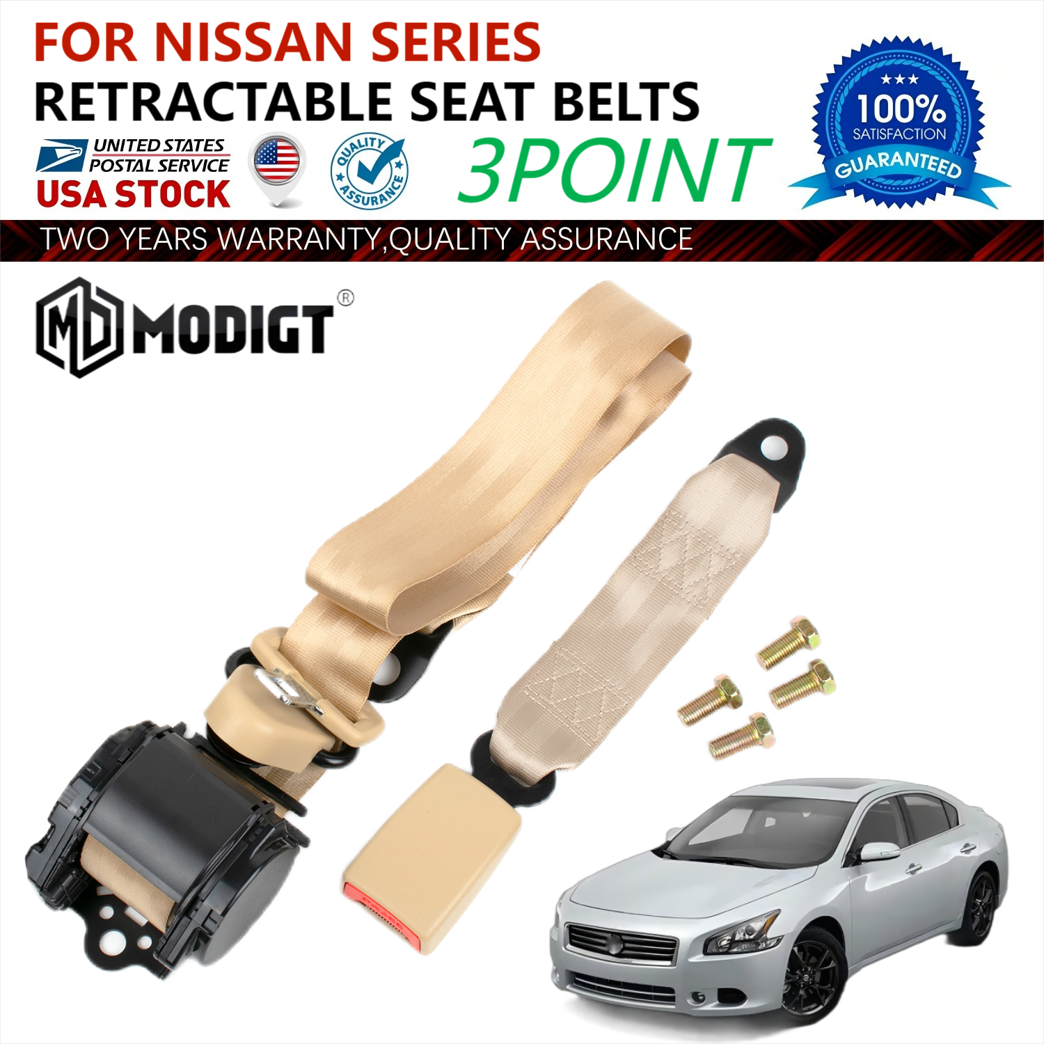 Car Safety Seat Belt 3 Point Set Retractable Beige For Nissan Maxima Replace