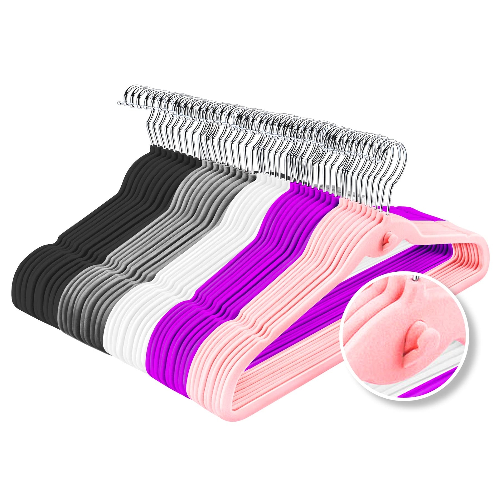 50 Pack Multi-Color Velvet Hangers with Non-Slip Cascading Hooks in Black and Pink