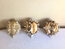 Lot Of 3 Vintage Cream Satin Gold Sequin Push Pin Round Christmas Ornaments