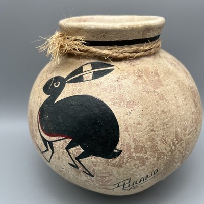 Lucano Signed Southwestern Black Rabbit Terracotta Vessle Vase 6'' x 6.25''