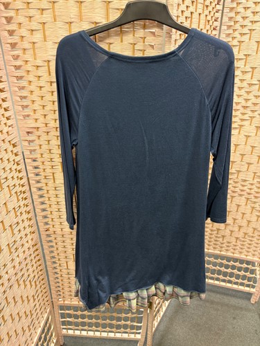 JOE BROWNS, Navy Jersey Shift Dress w/Checked Ruffle Hem & Brooch, UK Size 12 - Picture 8 of 14