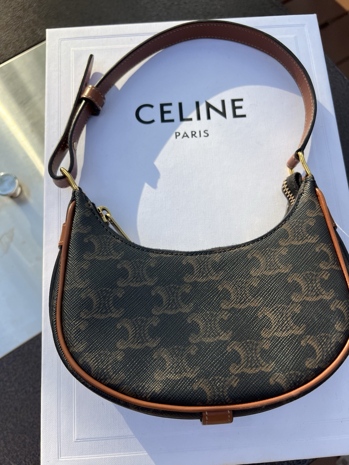 Celine Mini Ava Triomphe Canvas Shoulder Bag Brown Tan