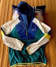 Youth Large, L.L. Bean Nylon, Half Zip, Hooded Windbreaker, Blue, Green, Tan