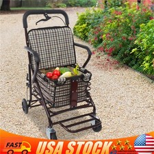 Foldable Shopping Cart with Seat Folding Seating Trolley Rolling Walker w/ Brake