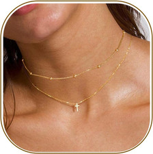 14K Gold Layered Cross Necklaces for Women,Tiny Small Sideways Cross Necklace Mi