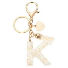 Initial Letter Keychains, Resin Cute Pendant with Heart  Tassel, White-K