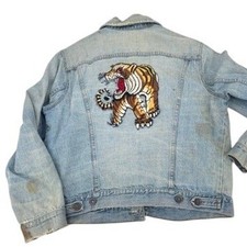 Vintage Sears Jeans Joint Denim Jacket Mens L Blue Tiger Embroidered Distressed