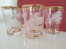 5 Vintage Etched Classic car glasses with gold colour edging to rims & base