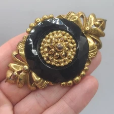 Vintage Victorian Revival Brooch Gold Tone Black HEAVY Repousse READ