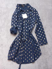 QED London Navy Blue Gold Metallic Polka Dot Party Shirt Dress Size S