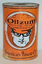 Vintage 1930s Oilzum Motor Oil Can 5 Quart large White & Bagley Co. Mass Rare !