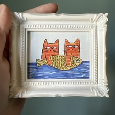 Print Of My Art  Cat And Fish funny,cute,miniature Painting,small, framed