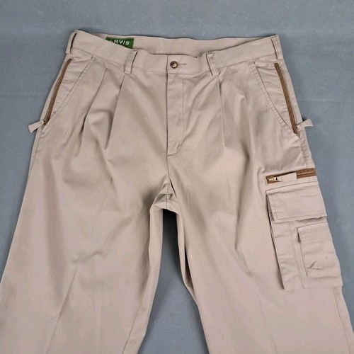 Vintage Orvis Foothills Cargo Pants 36x32" Men Pleated Cuffed Suede Trim Khaki - Picture 4 of 16