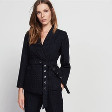 SANDRO Printed Jacket Blazer Eyelet Belt Navy Blue Sz 38/US Small 550 S5 