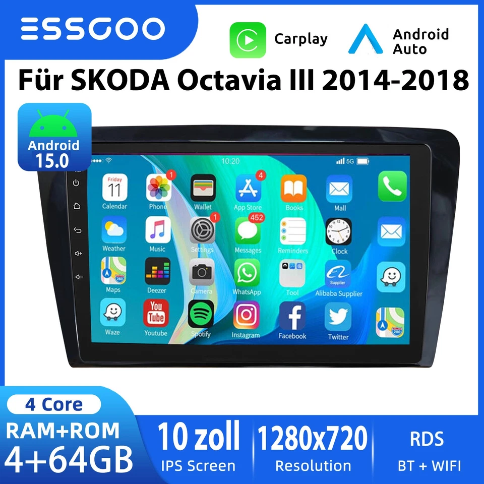 ESSGOO 4+64G Android 15 Autoradio GPS NAVI Für Skoda Octavia III 3 5E 2014-2018 Carplay