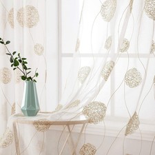 Curtains with floral embroidery, curtains white with gold pattern for living room...