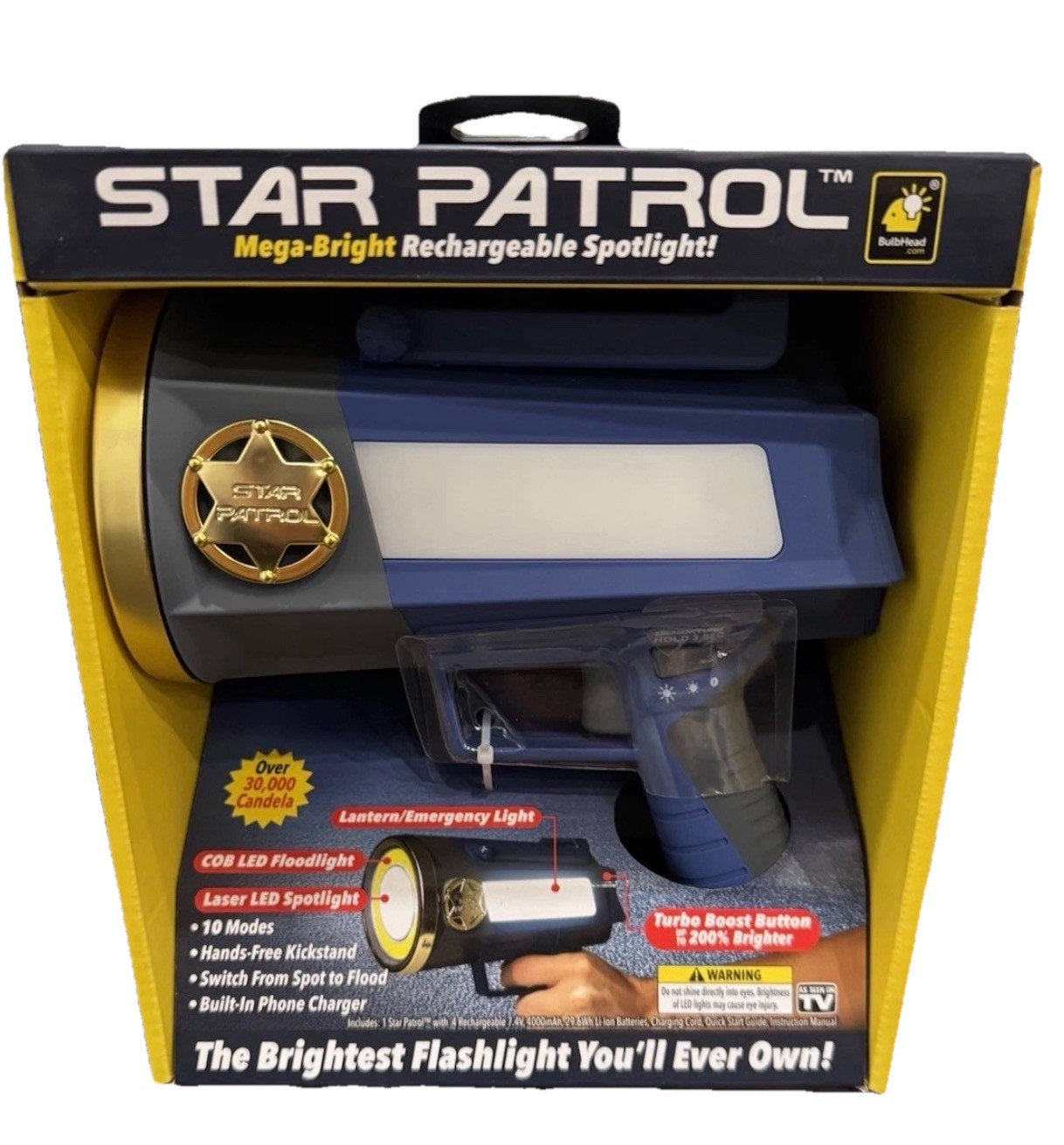 Star Patrol Mega-Bright Rechargeable Spotlight Emergency Flashlight W/ 10 Modes