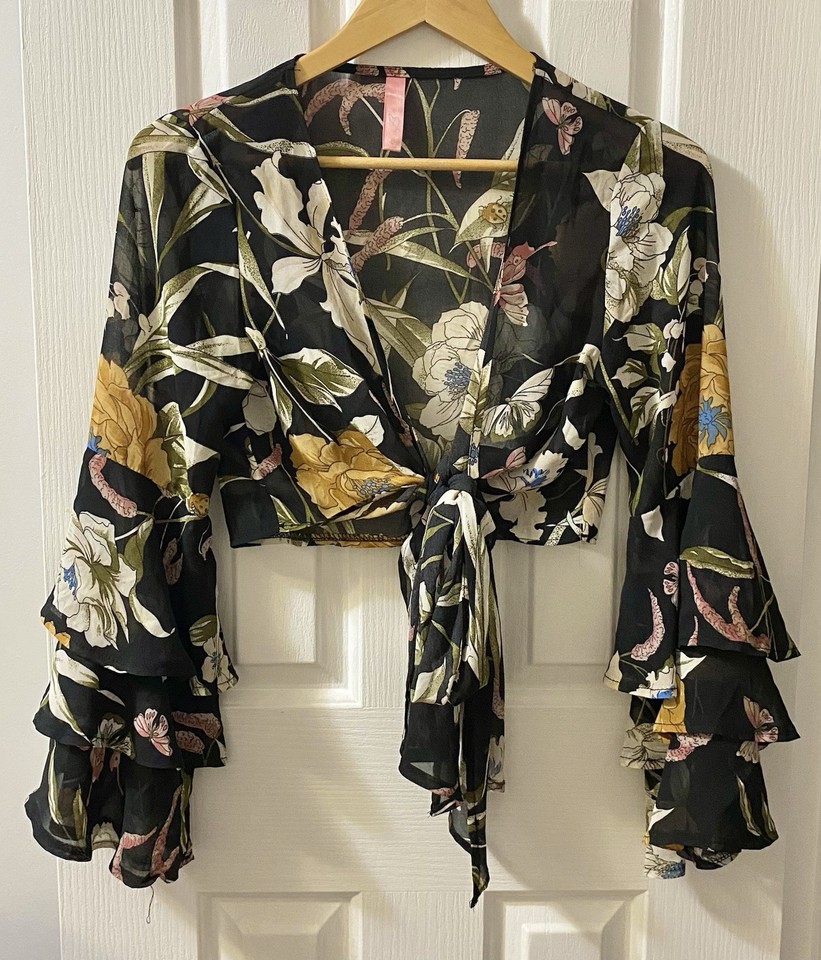 BLOSSOM Ladies Black/Multi-Coloured Floral Cropped Long-Sleeve Tie Front Top 6