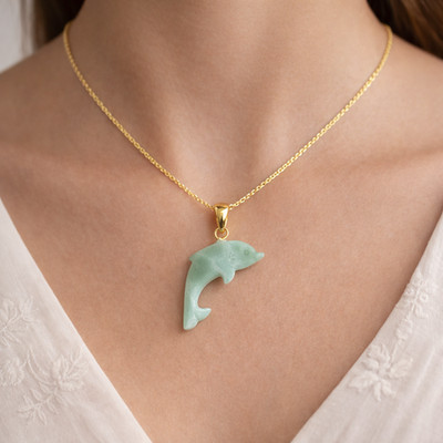 Natural Larimar Handcarved Dolphin Pendant, Gold Vermeil 925 Silver Charm